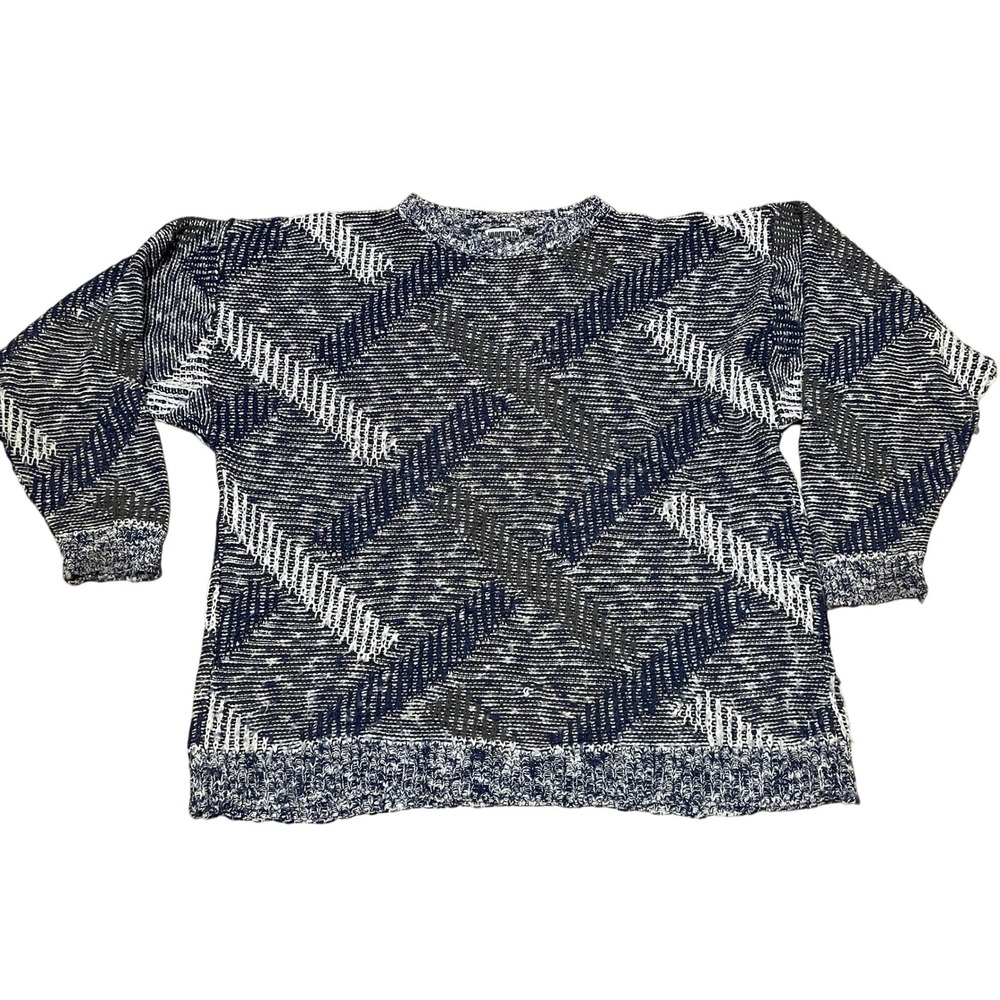 Vintage Unionbay Men's Large Navy Geometric Knit Sweater‎ 90s Abstract Pullover